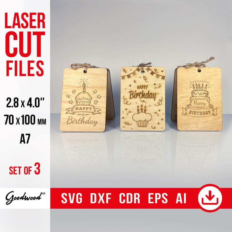 Set of 3 laser cut birthday card templates SVG by GoodwoodUAShop. Engraved wooden greeting cards with cupcake and cake designs, 2.8x4 inches (A7 size). Optimized for Glowforge and xTool projects using plywood or HDF.