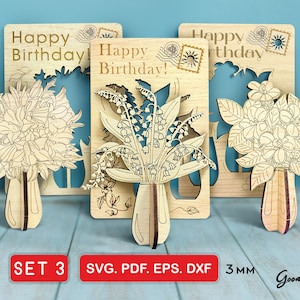 Set di 3 biglietti pop-up floreali 3D SVG – Biglietti di compleanno in legno fatti a mano, disegni di gigli e bouquet, file tagliati al laser DXF, biglietti di auguri fai da te, 4x6"
