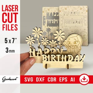 Birthday Card Template for Her, Pop-Up SVG DXF, Laser Cut 3D Wooden Card 3mm, DIY Happy Bday for Friend, Instant Download, Handmade 5x7"