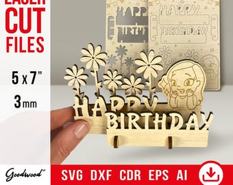 Modèle de carte d'anniversaire pour elle, pop-up SVG DXF, carte en bois 3D découpée au laser 3 mm, joyeux anniversaire à faire soi-même pour une amie, téléchargement immédiat, fait main 5 x 7 po