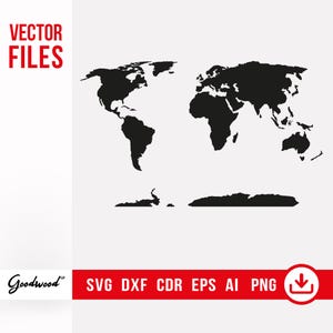 Może przedstawiać: Czarno-biała ilustracja wektorowa mapy świata, z kontynentami i wyspami. Słowa "VECTOR FILES" są czerwone w lewym górnym rogu. Na dole znajduje się tekst "SVG DXF CDR EPS AI PNG".