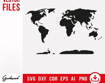 World Map SVG, Continents Silhouette Outline, Map of the World Clipart, Cricut Cut Files, DXF Cdr Eps Ai, Vector Laser Cutting and Printing