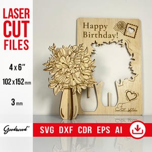 Gegraveerde lelieboeket 3D pop-upkaart SVG, houten bloemen sjabloon, Happy Birthday lasergesneden bestanden, bloemen wenskaart 4 x 6 direct downloaden