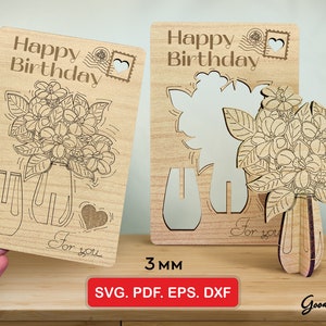 Biglietto di auguri pop-up 3D di buon compleanno SVG, bouquet di buon compleanno fatto a mano, file tagliati al laser, fiori, biglietto di auguri pop-up floreale, download immediato 4x6"