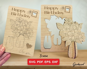 Joyeux anniversaire 3D carte pop-up SVG, bouquet Happy Bday fait main, fichiers découpés au laser, fleurs, carte de voeux pop-up floral, téléchargement immédiat 4 x 6"