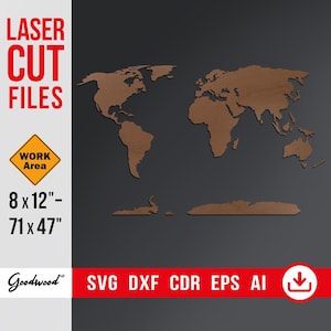 Wereldkaart lasergesneden SVG-bestand, continenten en eilanden, sjabloon muurkaart DXF CdR Ai Eps 8 x 12", CNC-vectorbestanden, Instant Download