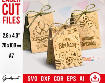 Birthday Card SVG Bundle, Set of 3 Engraved Wooden Card Templates, Balloon Design Laser Cut Files, Bday Greeting Card Dxf Eps Ai Pdf
