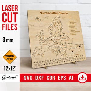 Europe Wooden Puzzle Map SVG, Vector File DXF PdF EPS for Laser 12x12″, 3mm Wood Travel Desktop Map, 2-Layer Map, Laser Cut Instant Download