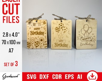 Modèle de carte d'anniversaire en bois gravée SVG DXF EPS | Conception de ballons | Fichiers découpés au laser pour l'anniversaire d'un ami | Téléchargement instantané | Lot de 3