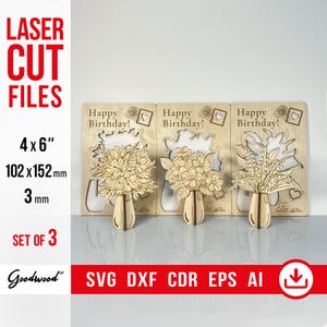Set van 3 gegraveerde 3D pop-up kaartsjablonen SVG – handgemaakte houten verjaardagskaarten, bloemen boeket ontwerpen, lasergesneden bestanden DXF, DIY 4 x 6"