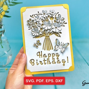 Pop up carte d'anniversaire SVG DXF Cdr Pdf, bouquet de fleurs et de papillons Bday, modèle Papercut, DIY carte 5 x 7, découpe laser, fait main, instantané