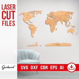 Mapa político mundial detallado SVG DXF CDR: nombres de países con mayúsculas, plantilla cortada a láser, arte mural de madera, decoración de viaje, descarga instantánea