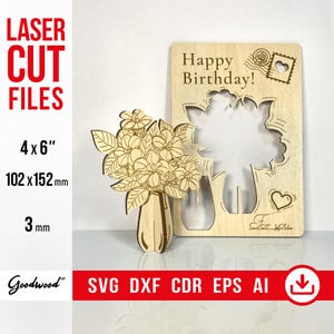Gegraveerde Happy Birthday 3D-pop-upkaart SVG, boeket Happy Bday handgemaakt, lasergesneden bestanden DXF, wenskaart bloemen, instant download 4 x 6"
