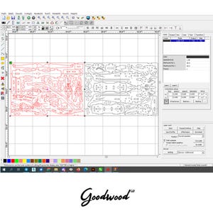 May include: A computer screen displaying a laser cutting software program with a design of a dragon. The design is outlined in red and black lines. The software interface includes a toolbar, a work area, and a control panel. The control panel shows the laser cutting settings, such as speed, power, and frequency. The software is called "LaserCut", and the company logo is "Goodwood".