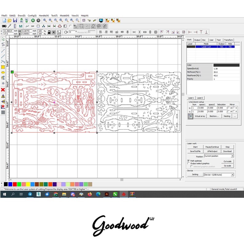 May include: A computer screen displaying a laser cutting software program with a design of a dragon. The design is outlined in red and black lines. The software interface includes a toolbar, a work area, and a control panel. The control panel shows the laser cutting settings, such as speed, power, and frequency. The software is called "LaserCut", and the company logo is "Goodwood".