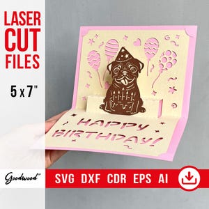 Pop-Up Geburtstagskarte mit Mops-Welpe | Laser Schnitt Vorlage SVG DXF CdR PdF Eps | DIY Hund Geburtstagskarte | Handarbeit | Sofortdownload | 5x7