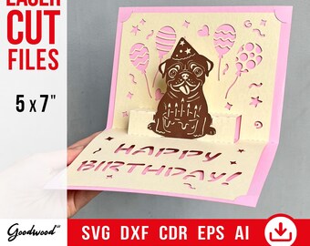 Pop-Up Birthday Card with Pug Puppy | Laser Cut Template SVG DXF CdR PdF Eps | DIY Dog Bday Card | Handmade | Instant Download | 5x7