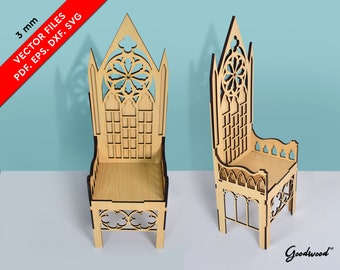 Doll furniture Gothic Throne SVG EPS DXF, Laser cut files for wood, Doll chair files 1:6, Miniature Wooden chair for Barbie, Digital file