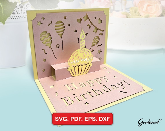 Cake card template SVG Cdr DXF Eps PDF, Popup card Cupcake 5x7, Diy card Happy Birthday, Handmade Paper art, Laser cutting, Instant download