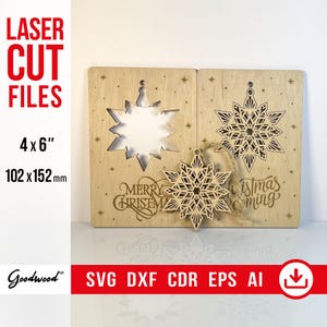 Christmas Greeting Card with Snowflake Ornament SVG, Wooden Holiday Pop Up Card Template, Winter Decoration Laser Cut Files Instant Download