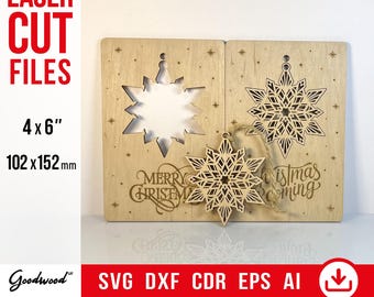 Christmas Greeting Card with Snowflake Ornament SVG, Wooden Holiday Pop Up Card Template, Winter Decoration Laser Cut Files Instant Download