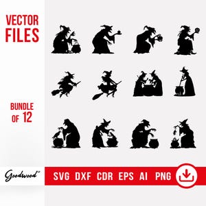 Hexe Silhouetten SVG Bündel 12, Halloween Hexen Clipart, Hexe Umrisse, Cricut & Laser Cut-Dateien, Dxf Cdr Eps Ai Png, Vektor