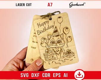 Kitty Bday houten kaart SVG - lasergesneden kat sjabloon, gegraveerd Glowforge xTool Projects