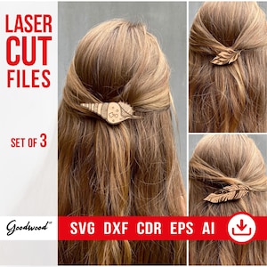 Engraved Hair Clips Laser Cut Template SVG Dxf CdR, Wooden Hair Barrette Pattern, DIY Hair Accessories, Laser Engraving Files, Bundle of 3