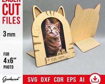 Layered Cat Photo Frame SVG, Template for Laser Cut DXF, Kitty Photo Frame 4x6&quot;, Personalized Wooden Picture Frame for Pet, Instant Download