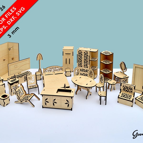 Miniature Furniture for Dollhouse, Laser Cut Files SVG DXF EPS CdR, Doll house furniture, Set of 26: Bedroom, Kitchen, Bathroom, living room