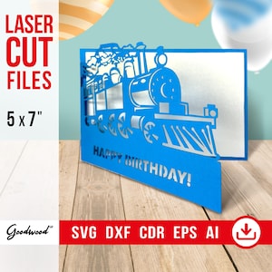 Tarjeta de cumpleaños con tren SVG de 5x7" – Plantilla de felicitación o invitación cortada a láser – Texto de feliz cumpleaños incluido – SVG, DXF, EPS – Descarga instantánea
