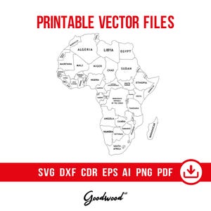 Puede incluir: Un mapa en blanco y negro de África con nombres de países, etiquetado como "PRINTABLE VECTOR FILES". Debajo del mapa hay opciones de formato de archivo: SVG, DXF, CDR, EPS, AI, PNG y PDF. Una barra roja con un icono de descarga está en la parte inferior.