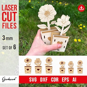 Set SVG di fiori in legno – Vaso 3D per fiori / Decorazione fai da te per la casa e regalo / Vaso in piedi / File tagliato al laser Modello DXF 3 mm / Download immediato
