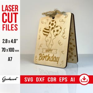 Modelo de cartão de aniversário com balão gravado SVG DXF Ai CdR | Cartão de feliz aniversário de madeira para corte a laser | Arquivos vetoriais | Download instantâneo
