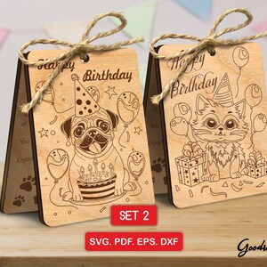 Happy Birthday Card Set – Pug, Cat SVG DXF CdR EPS | Wooden Greeting Cards, Dog and Kitty Laser Cut Files, Instant Download, Vector Template