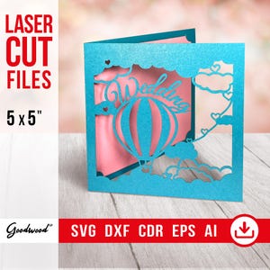 Convite de casamento SVG EPS DXF CdR Ai, cartão com balão cortado a laser, modelo vetorial de corte em papel, cartão de casamento Cricut 5x5", download instantâneo