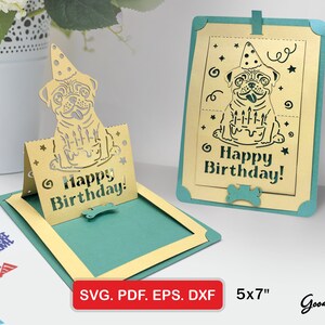 Mops Hund Pop-Up Karten Vorlage SVG, DIY Geburtstags-/Bday-Welpen Karte, Laser Plotter-Dateien, Din A4, Handgemachtes Papier Design, Instant Download, 13x18"