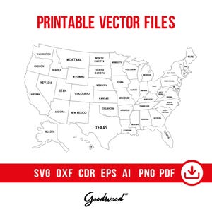 Peut inclure: Une carte en noir et blanc des États-Unis, avec les noms de chaque État. Le texte "PRINTABLE VECTOR FILES" est en rouge en haut. En dessous, les options de format de fichier : SVG, DXF, CDR, EPS, AI, PNG et PDF.
