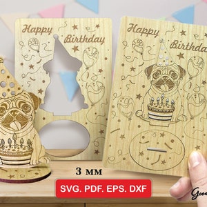 Hölzerne Pop-Up-Kartenvorlage SVG — Handgemachte DIY 3D Karte mit einem Mops, Laser geschnitten Dateien DXF, Welpe Grußkarte, Sofort download, 4x6", 3 mm