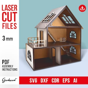 Puppenhaus 3 mm Vorlage SVG CdR DXF, 3-stöckiges Miniaturhaus 1:12, Laser Cut Dateien für 15 cm große Puppe, DIY Holzhaus, Instant Download