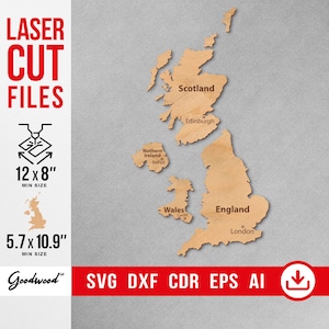 Großbritannien Landkarte SVG, DXF, Puzzle Landkarte mit Provinzen, britische Inseln Holzkarte, Vektor-Dateien für Laser Cutter 12x8, Instant Download