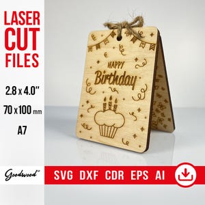 Happy Birthday Card Template SVG DXF AI | Wooden Bday Greeting Card with Cake | Laser Cut Files | Cupcake and Cake Design | Instant Download