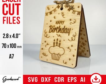 Modèle de carte de joyeux anniversaire SVG DXF AI | de voeux d'anniversaire en bois avec gâteau | Fichiers découpés au laser | Conception de petits gâteaux et gâteaux | Téléchargement instantané