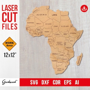 Map of Africa with Countries SVG DXF CDR Ai | Laser Cut Files | 12x12" Work Area | Political Wall Map, Wood Wall Art | Instant Download