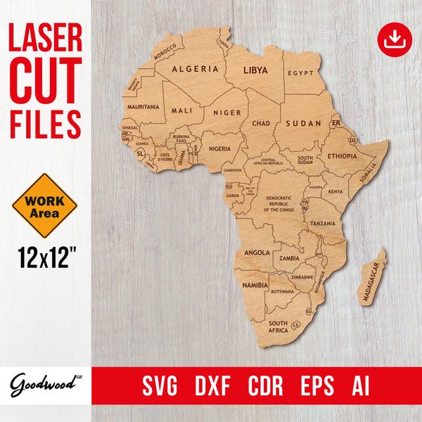 Map of Africa with Countries SVG DXF CDR Ai | Laser Cut Files | 12x12" Work Area | Political Wall Map, Wood Wall Art | Instant Download