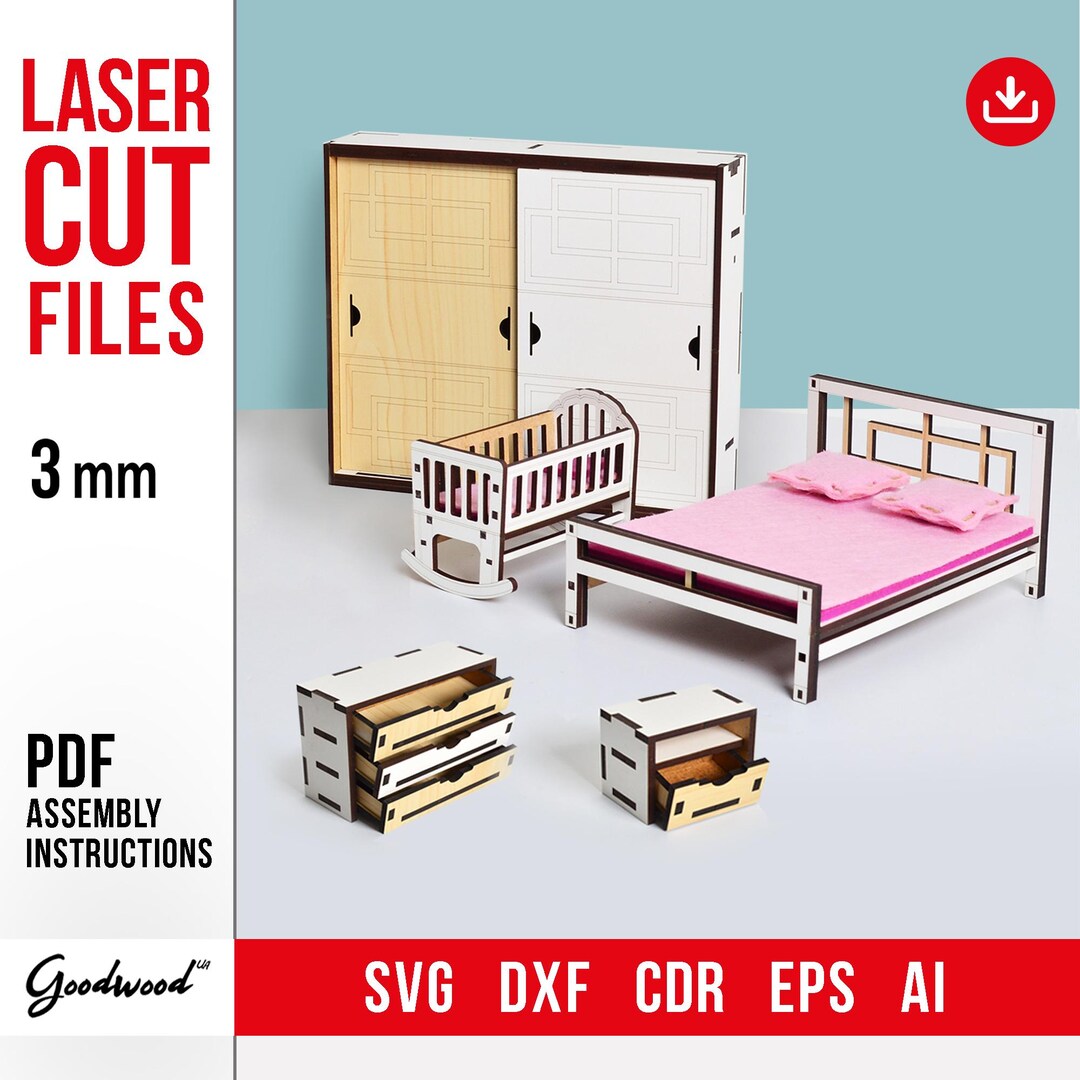 Dollhouse Furniture Template, Miniature Bedroom SVG, 1:12 DIY Set ...