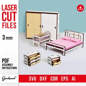 Dollhouse Furniture Template, Miniature Bedroom SVG, 1:12 DIY Set, Laser Cutting DXF CdR Ai, 3mm Plywood, Easy to Assemble, Instant Download