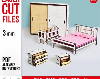 Dollhouse Furniture Template, Miniature Bedroom SVG, 1:12 DIY Set, Laser Cutting DXF CdR Ai, 3mm Plywood, Easy to Assemble, Instant Download