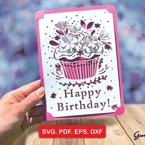 Pop-Up Cake Card SVG DXF, Birthday & Bday Cupcake with Flowers, Papercut Template 5x7", Laser Cutting, DIY Greeting Card, Instant Download