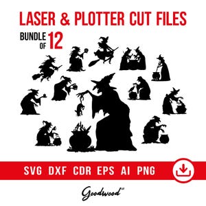 May include: Black silhouette images of witches in various poses, with cauldrons, brooms, and other Halloween-themed elements. The text "LASER & PLOTTER CUT FILES" and "BUNDLE OF 12" is displayed in red. File types include SVG, DXF, CDR, EPS, AI, and PNG.